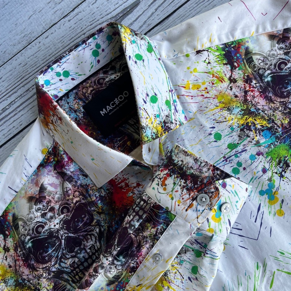 Maceoo Mens Large Paint Splatter Steampunk Skull Streetwear Italian Button Shirt